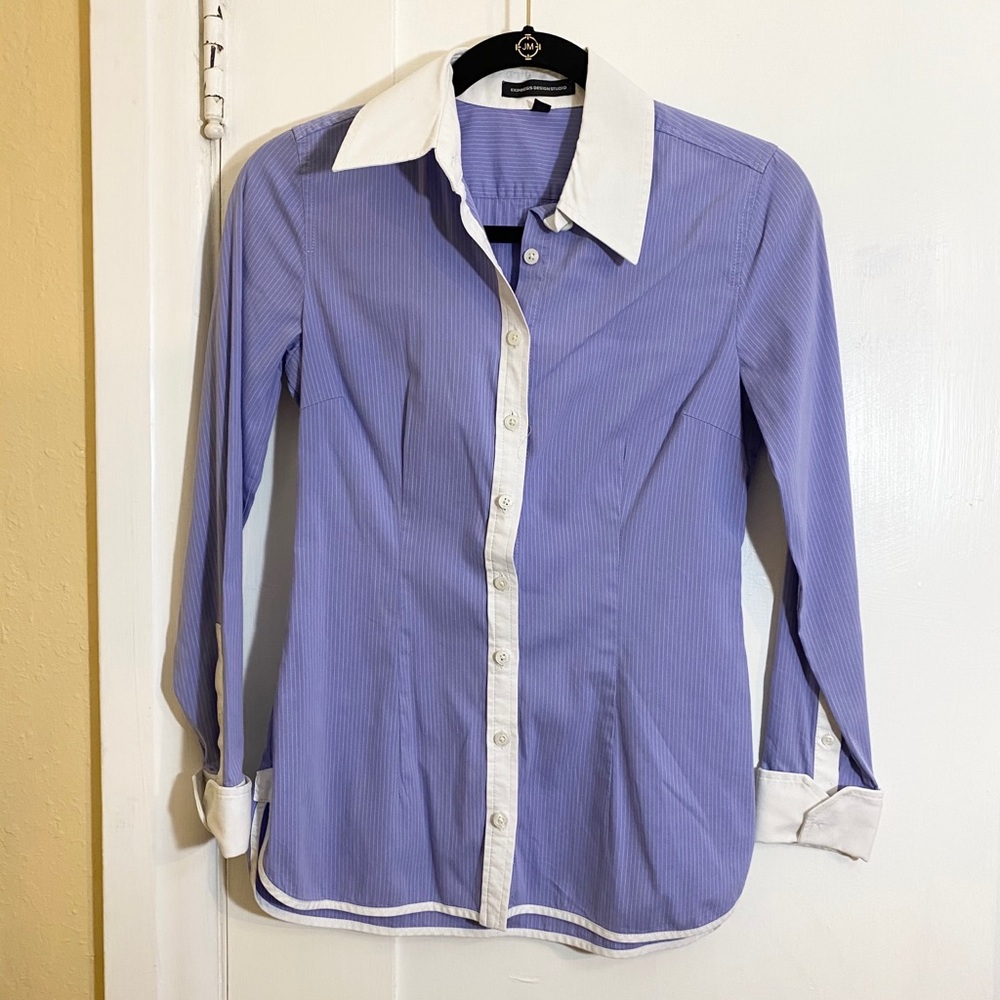 Express Blue & White Collar Contrast Striped Poplin Top